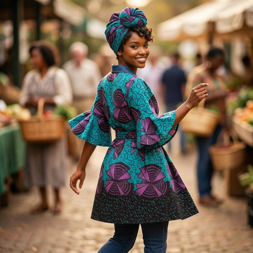 Marine Imports Womens Plus Ankara Turquoise Cotton Wax Print Dress Scarf Rare - Picture 1 of 8